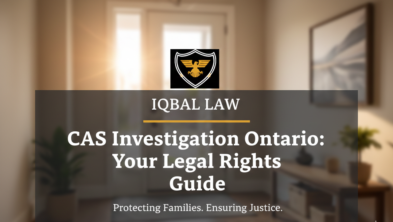 A guide to legal rights during a CAS investigation in Ontario by Iqbal Law, featuring a professional office interior background.