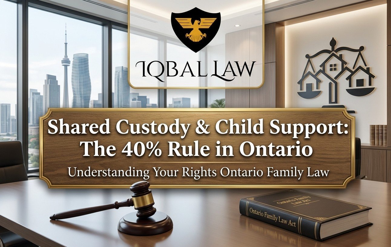 Iqbal Law infographic explaining the 40% threshold for shared custody and child support set-off math in Ontario.